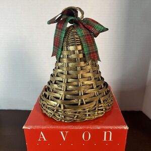 Vintage Avon Holiday Greetings Hanging Wicker Bell Classic Rustic Decor in Box